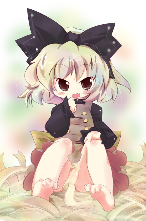 muuba, kurodani yamame, touhou, 1girl, barefoot, black eyes, blush stickers, bow, buttons, child, dress, fang, feet, female focus, foot focus, gradient background, grey hair, hair bow, no panties, open mouth, short hair, silk, sitting, solo, spider web, toes, upskirt