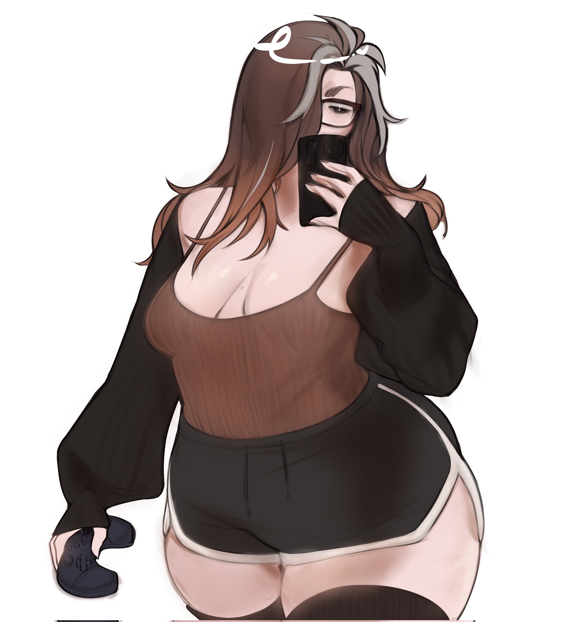 chaichne, original, commentary, english commentary, highres, 1girl, 2026, artist name, black shorts, black sweater, black thighhighs, breasts, brown hair, brown shirt, chaimera (chaichne), cleavage, collarbone, controller, cowboy shot, dolphin shorts, female focus, glasses, hair over one eye, holding, holding controller, long hair, long sleeves, multicolored hair, plump, purple eyes, shirt, shorts, sleeves past wrists, sleveless shirt, solo, spaghetti strap, streaked hair, sweater, thick thighs, thighhighs, thighs, white background, white hair, white trim