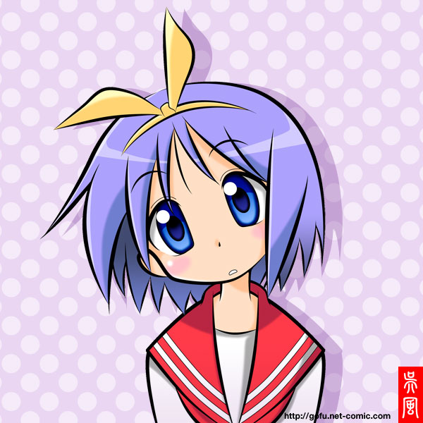 gofu, hiiragi tsukasa, lucky star, 00s, blue eyes, blue hair, head tilt, school uniform, serafuku, short hair, solo