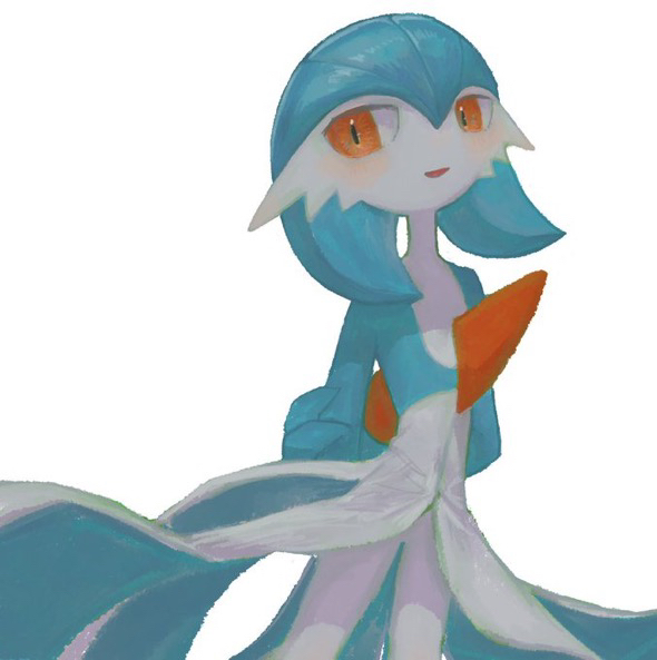 butter (oshi8kyoumoh), gardevoir, nintendo, pokemon, bad id, bad pixiv id, 1girl, alternate color, arms behind back, blue hair, blue skin, blush, bob cut, colored skin, cowboy shot, female focus, flat chest, gen 3 pokemon, hair between eyes, half-closed eyes, happy, holding own arm, light blush, looking afar, looking to the side, multicolored skin, open mouth, orange eyes, pokemon (creature), shiny pokemon, short hair, sideways glance, simple background, smile, solo, standing, two-tone skin, white background, white skin