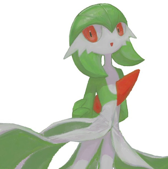butter (oshi8kyoumoh), gardevoir, nintendo, pokemon, bad id, bad pixiv id, 1girl, arms behind back, bob cut, colored skin, cowboy shot, female focus, flat chest, gen 3 pokemon, green hair, green skin, hair between eyes, happy, holding own arm, looking afar, looking to the side, multicolored skin, open mouth, pokemon (creature), red eyes, short hair, sideways glance, simple background, smile, solo, standing, two-tone skin, white background, white skin