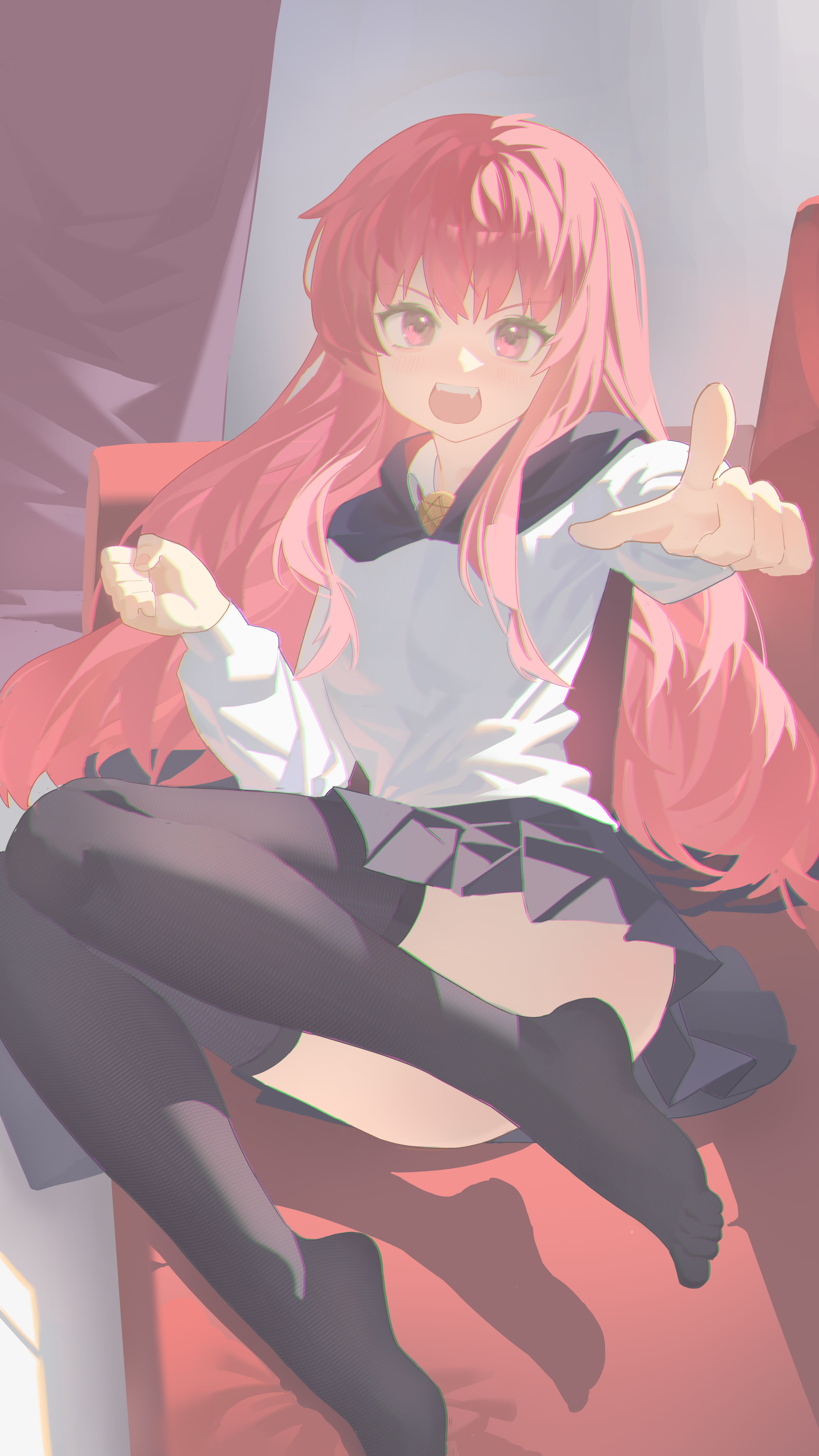 louise francoise le blanc de la valliere, zero no tsukaima, absurdres, commentary request, highres, 1girl, angry, black cape, black thighhighs, cape, chromatic aberration, convenient leg, couch, eyelashes, fang, jiyue (murasame524), long hair, long shirt, on couch, open mouth, pink eyes, pleated skirt, pointing, pointing at viewer, shirt, skirt, thighhighs, very long hair, white shirt