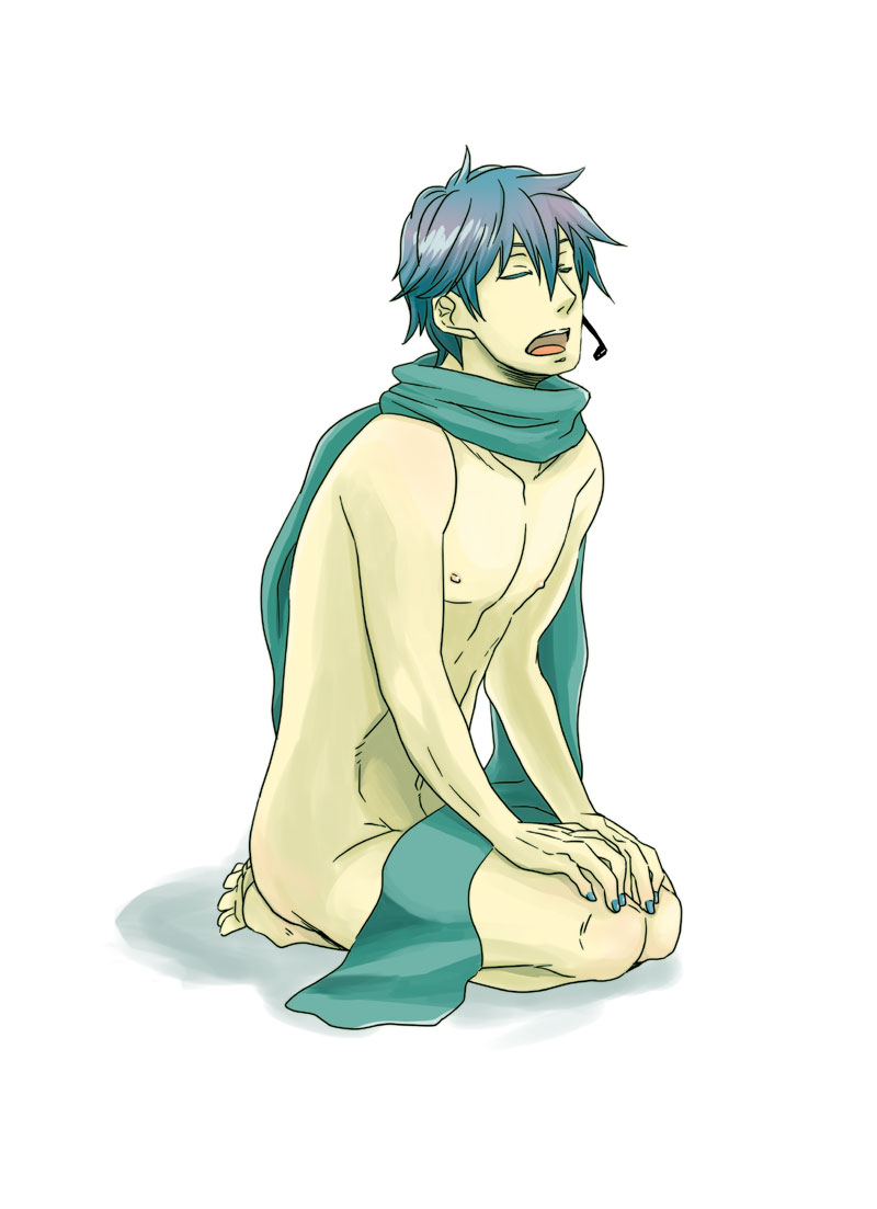 kaito (vocaloid), vocaloid, headset, kneeling, male focus, music, nude, scarf, singing, solo