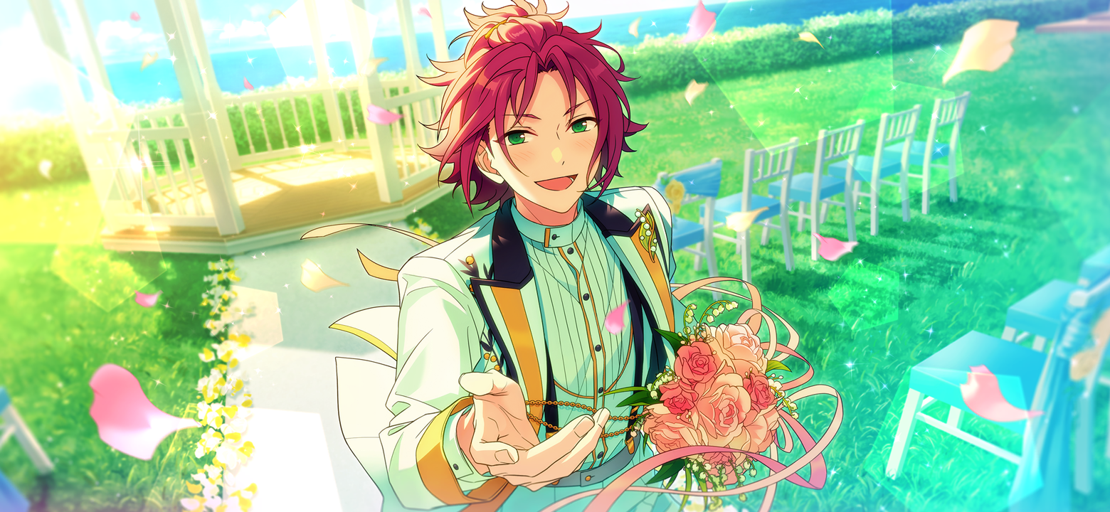 happy elements, isara mao, ensemble stars!, game cg, official art, third-party source, 1boy, bangs pinned back, bouquet, buttons, chair, curtained hair, flower, grass, holding, holding bouquet, lapels, layered clothes, long sleeves, ocean, offering hand, outdoors, outstretched hand, peaked lapels, petals, pink flower, pink petals, pink ribbon, pink rose, ribbon, ring (ensemble stars!), rose, short hair, smile, upper body