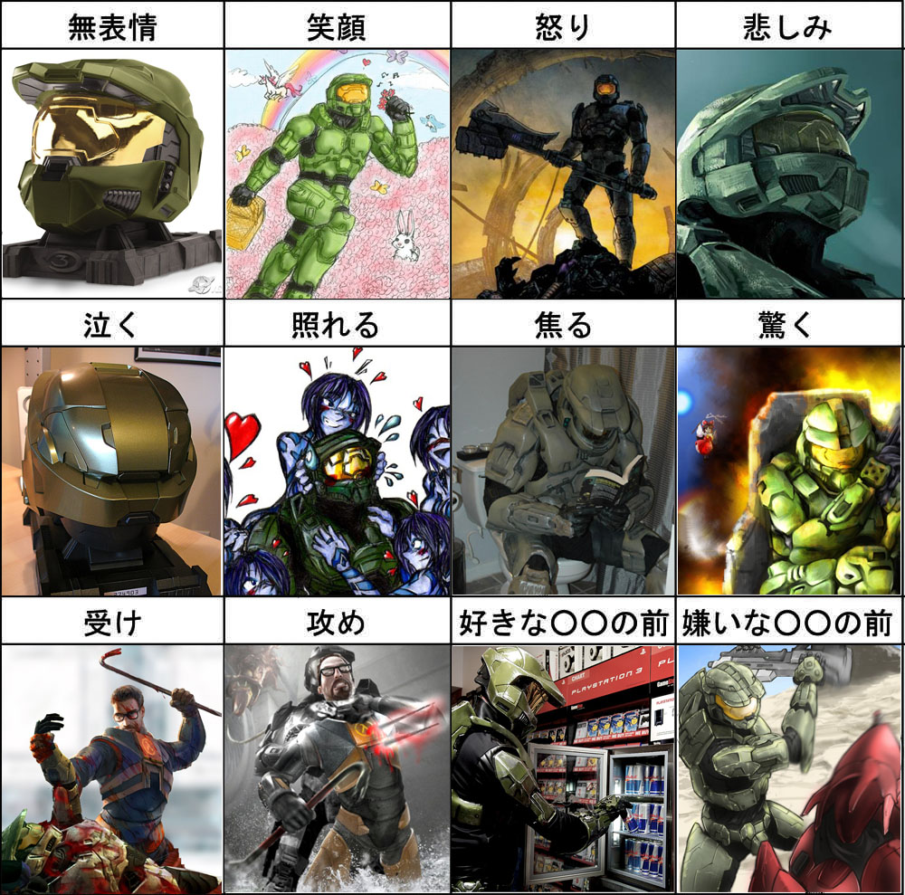 cortana, gordon freeman, hakurei reimu, master chief, half-life, half-life (series), half-life 2, halo (game), halo (series), red bull, touhou, translated, armor, basket, blood, book, crossover, crowbar, glasses, gun, holding, holding crowbar, multiple boys, multiple expressions, multiple girls, parody, power armor, power suit, rabbit, rainbow, toilet, weapon