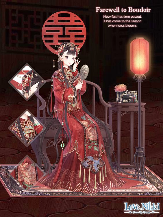 miracle nikki, nikki (series), artist request, official art, third-party source, 1girl, adjusting hair, black background, blunt bangs, bracelet, bride, brown hair, chair, character name, close-up, closed mouth, copyright logo, diamond (shape), english text, expressionless, farewell to boudoir (miracle nikki), floral print, flower, full body, grey eyes, hair bun, hair ornament, hairpin, hand mirror, holding, holding mirror, jade (gemstone), jewelry, lantern, lattice, layered sleeves, light smile, lipstick, logo, long hair, long sidelocks, long skirt, long sleeves, looking at object, lotus, makeup, mirror, multiple hairpins, on chair, paper lantern, pink flower, pleated skirt, print skirt, red lips, red shirt, red skirt, rug, shirt, sidelocks, single hair bun, sitting, skirt, solo, taser, updo, very long hair, wavy hair