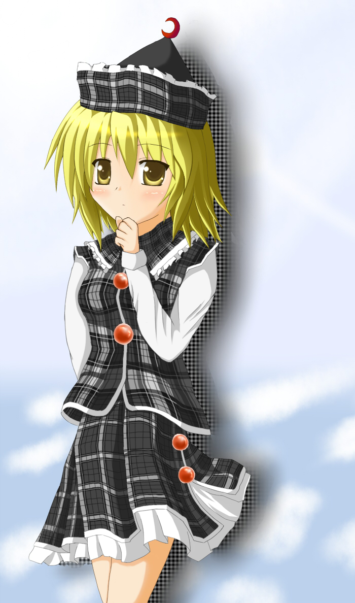 yuzutei, lunasa prismriver, touhou, 1girl, blonde hair, blush, cloud, female focus, hat, short hair, solo, yellow eyes