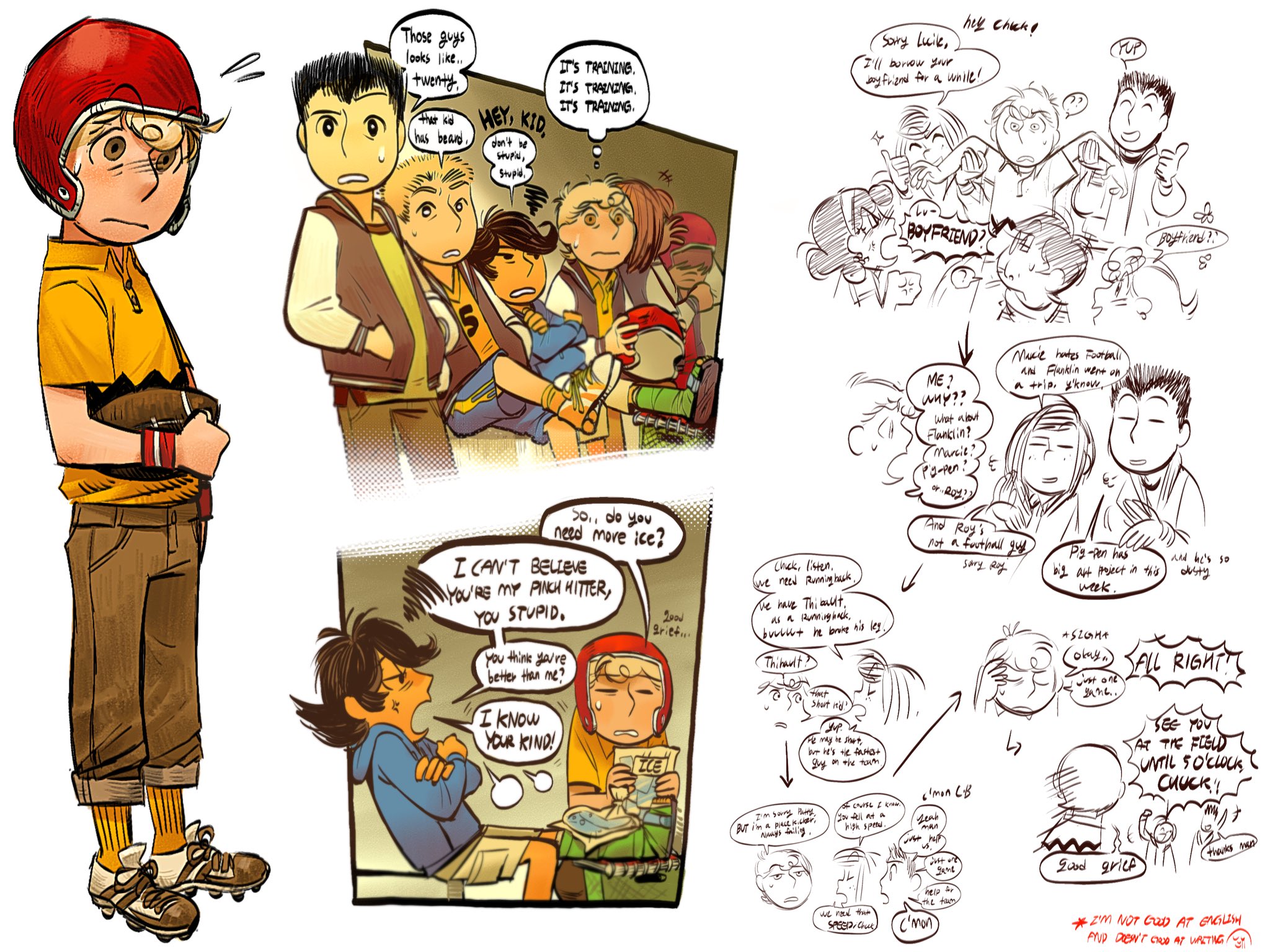 charlie brown, linus van pelt, lucy van pelt, peppermint patty, sally brown, shermy (peanuts), peanuts (comic), commentary, english commentary, highres, 3girls, 5 (peanuts), 5boys, american football (object), american football helmet, ball, black hair, blonde hair, brown hair, dubu274611, freckles, helmet, multiple boys, multiple girls, shirt, short hair, thibault (peanuts), yellow shirt