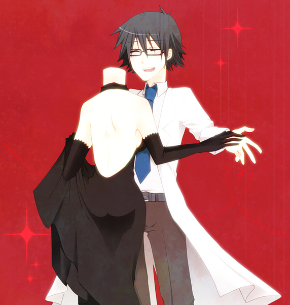 yuni (pixiv), celty sturluson, kishitani shinra, durarara!!, 1boy, 1girl, :d, backless dress, backless outfit, couple, dancing, dress, dullahan, evening gown, glasses, headless, hetero, open mouth, smile