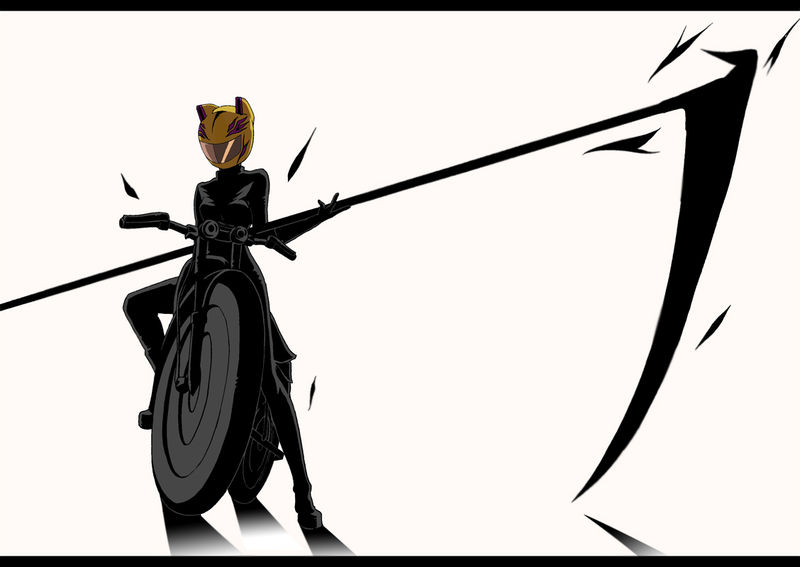 sorakujira (pixiv), sorakujira (pixiv966122), celty sturluson, durarara!!, vehicle, md5 mismatch, resized, resolution mismatch, source larger, 1girl, animal ear helmet, animal helmet, black bodysuit, bodysuit, breasts, female focus, helmet, motor vehicle, motorcycle, scythe, solo