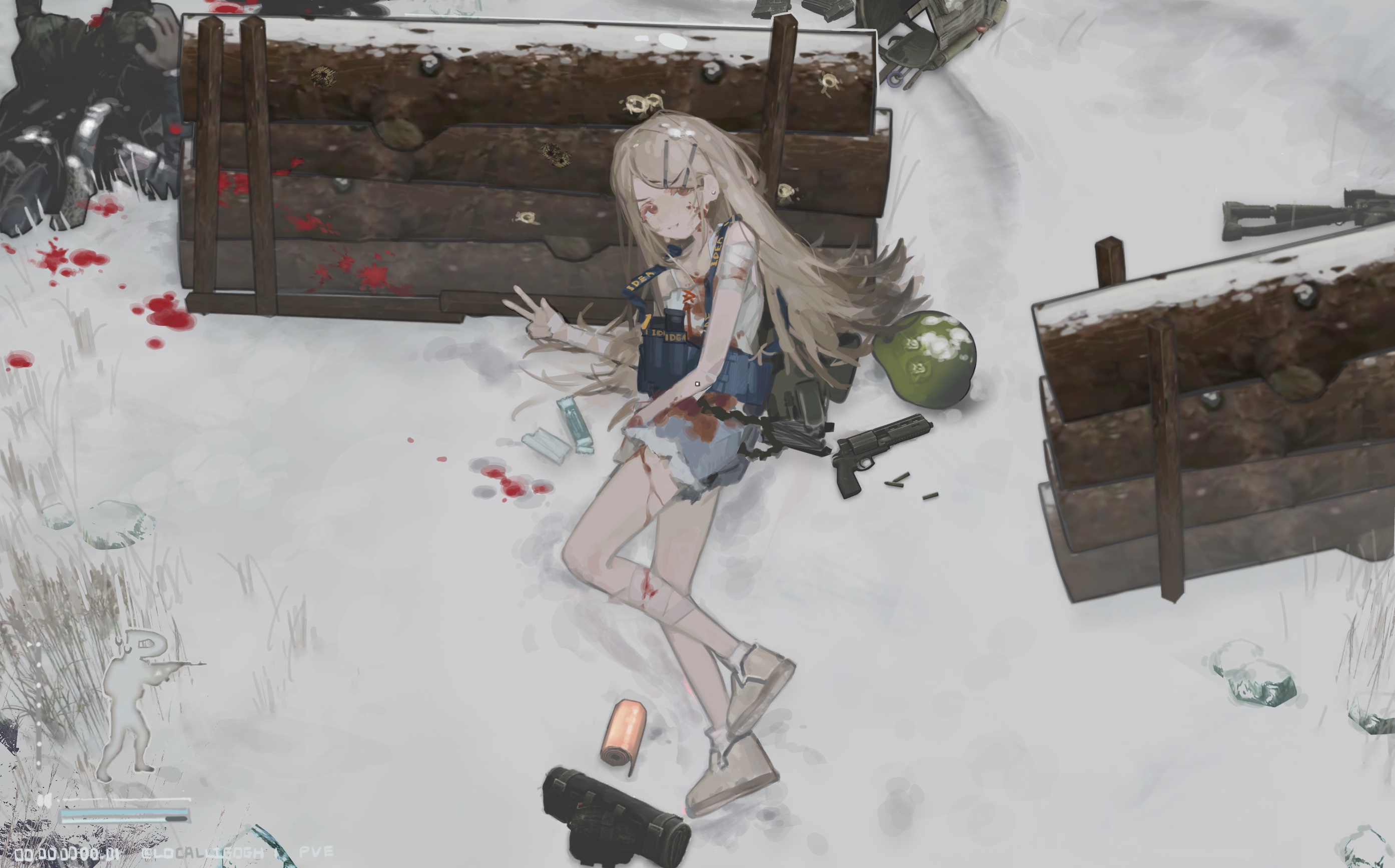 chongmoyu loligogh, p-head producer, producer (idolmaster), shinosawa hiro, escape from tarkov, gakuen idolmaster, idolmaster, chinese commentary, commentary request, highres, 1girl, bandaged arm, bandaged leg, bandages, barricade, belt, black belt, blonde hair, blood, blood on clothes, blood on face, blood on ground, bloody bandages, brown eyes, bulletproof vest, camisole, colored eyelashes, corpse, denim, denim shorts, earrings, fake screenshot, full body, gradient hair, grey hair, grey shorts, gun, gunshot wound, hair ornament, hair spread out, hairclip, hand on own leg, handgun, helmet, injury, jewelry, leaning on object, long hair, looking at viewer, lying, multicolored hair, on ground, on side, parallel hairclips, parted bangs, parted lips, revolver, rope belt, rsh-12, shoes, shorts, smile, snow, socks, solo, stud earrings, unworn headwear, unworn helmet, user interface, v, weapon, white camisole, white socks