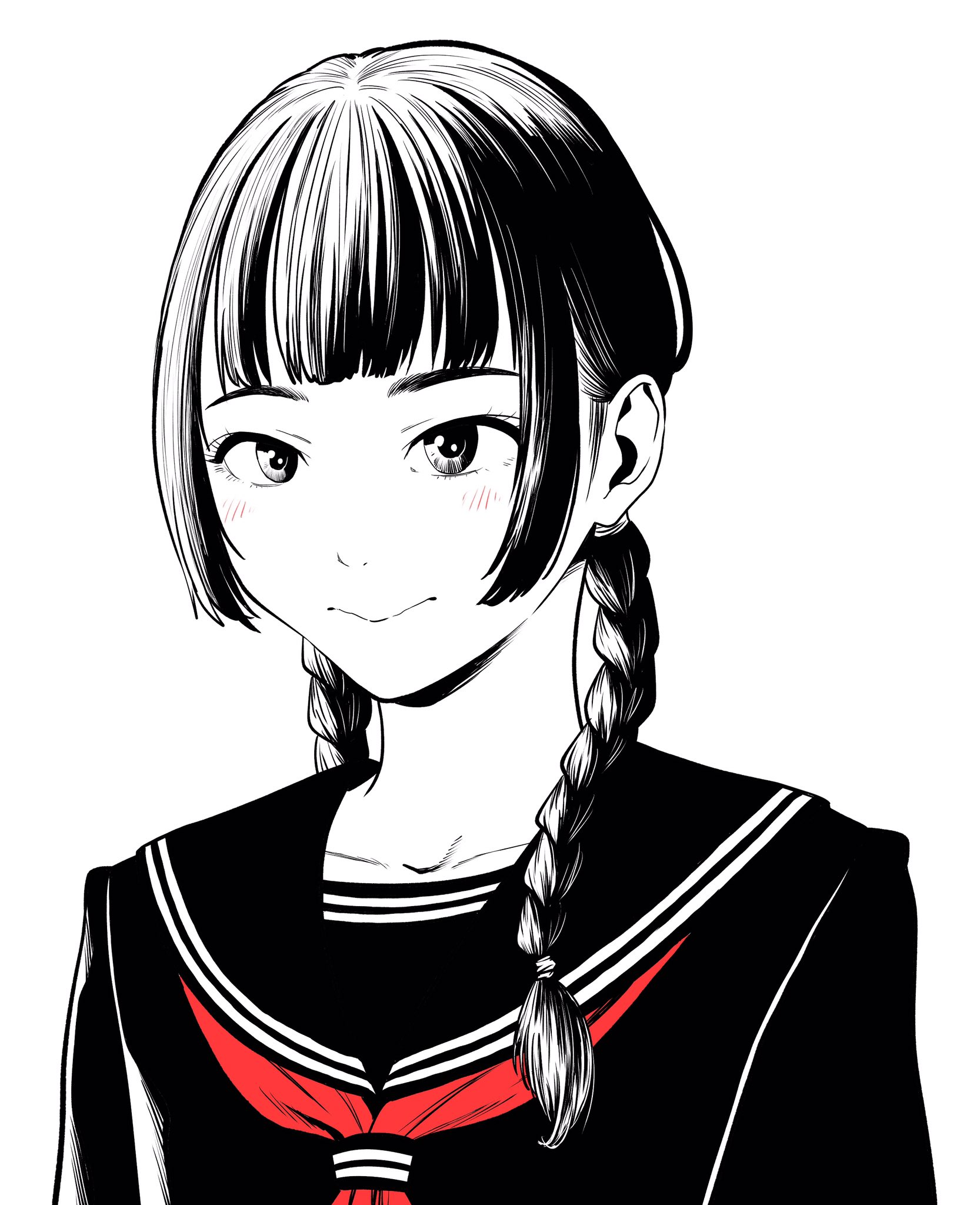 lee (dragon garou), original, commentary request, highres, 1girl, braid, collarbone, light blush, long hair, low twin braids, monochrome, neckerchief, portrait, profile, red neckerchief, school uniform, serafuku, sideburns, sidelocks, smile, solo, spot color, twin braids