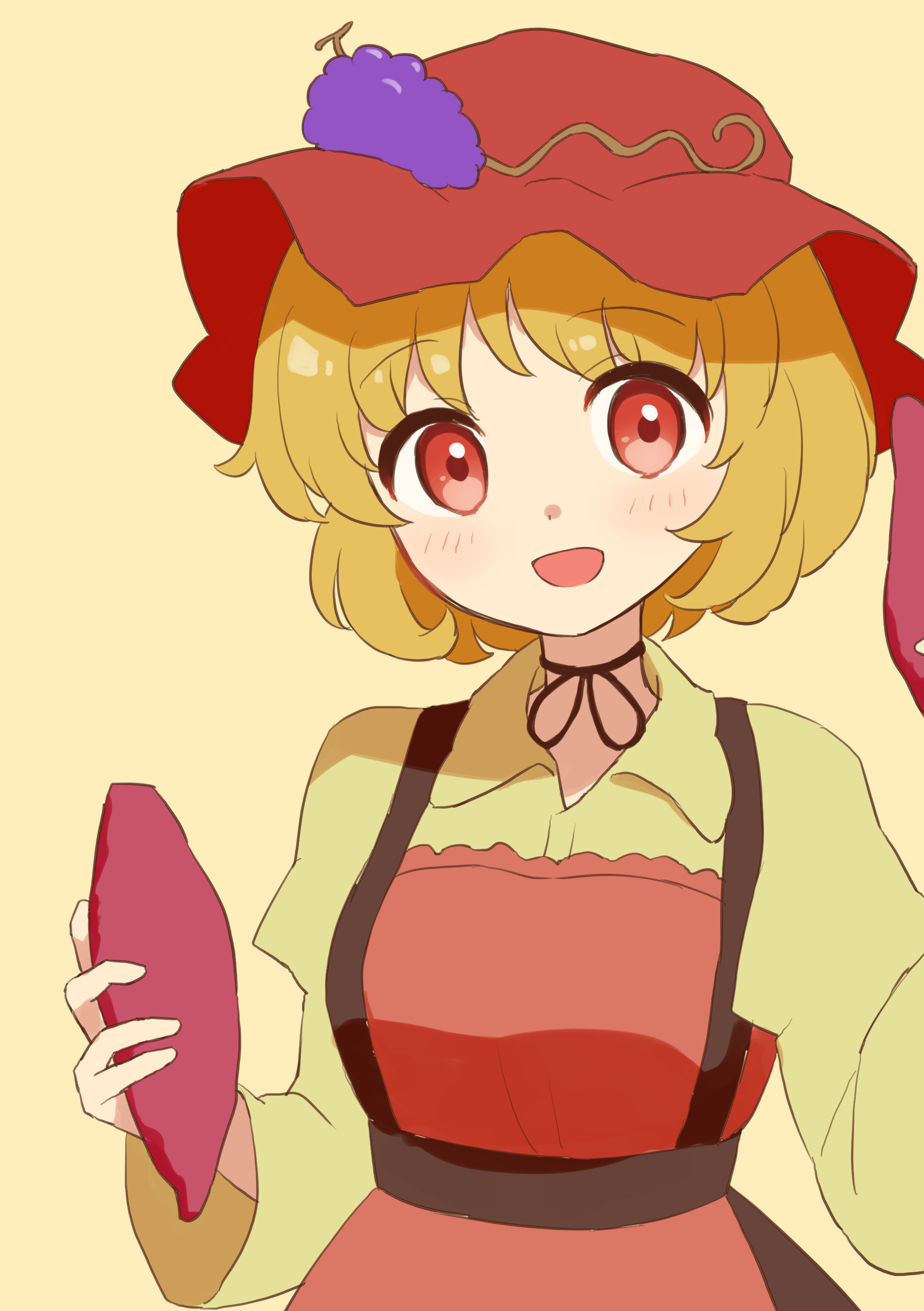 144udy, aki minoriko, touhou, absurdres, commentary request, highres, 1girl, apron, blonde hair, choker, collared shirt, food, fruit, grapes, hat, holding, holding food, juliet sleeves, long sleeves, looking at viewer, mob cap, open mouth, puffy sleeves, red eyes, ribbon choker, shirt, short hair, smile, solo, sweet potato, yellow background