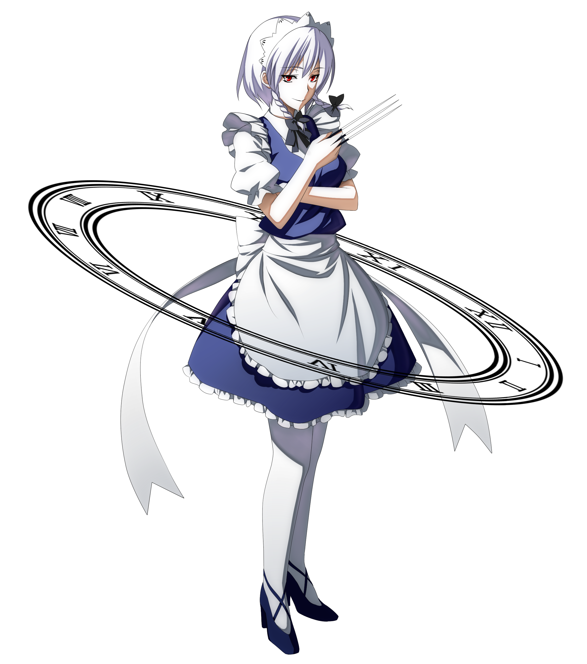 izumi sai, izayoi sakuya, embodiment of scarlet devil, touhou, silver hair, absurdres, bad id, bad pixiv id, highres, 1girl, braid, female focus, full body, hairband, knife, maid, pantyhose, red eyes, short hair, solo, throwing knife, transparent background, twin braids, weapon