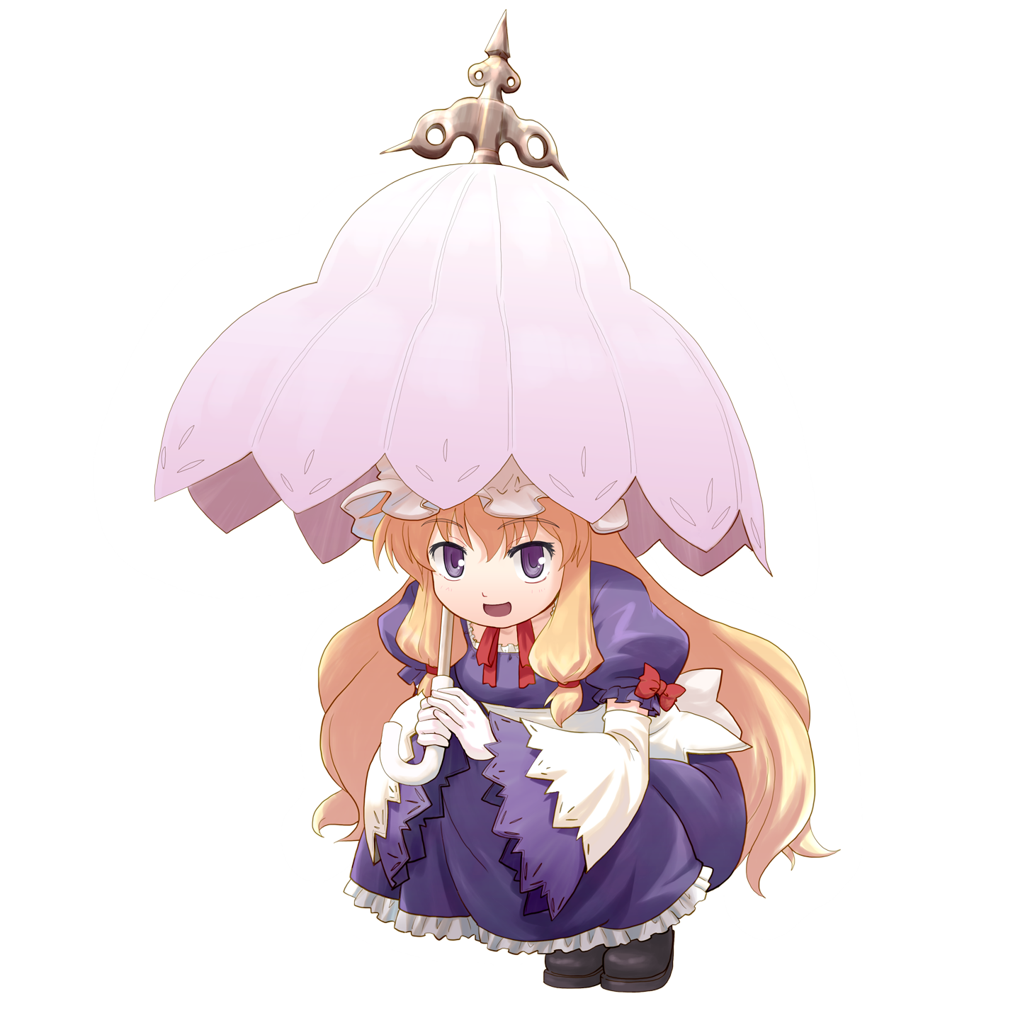 haniwa, haniwa (leaf garden), yakumo yukari, touhou, highres, 1girl, blonde hair, female focus, full body, gloves, long hair, purple eyes, solo, squatting, transparent background, umbrella