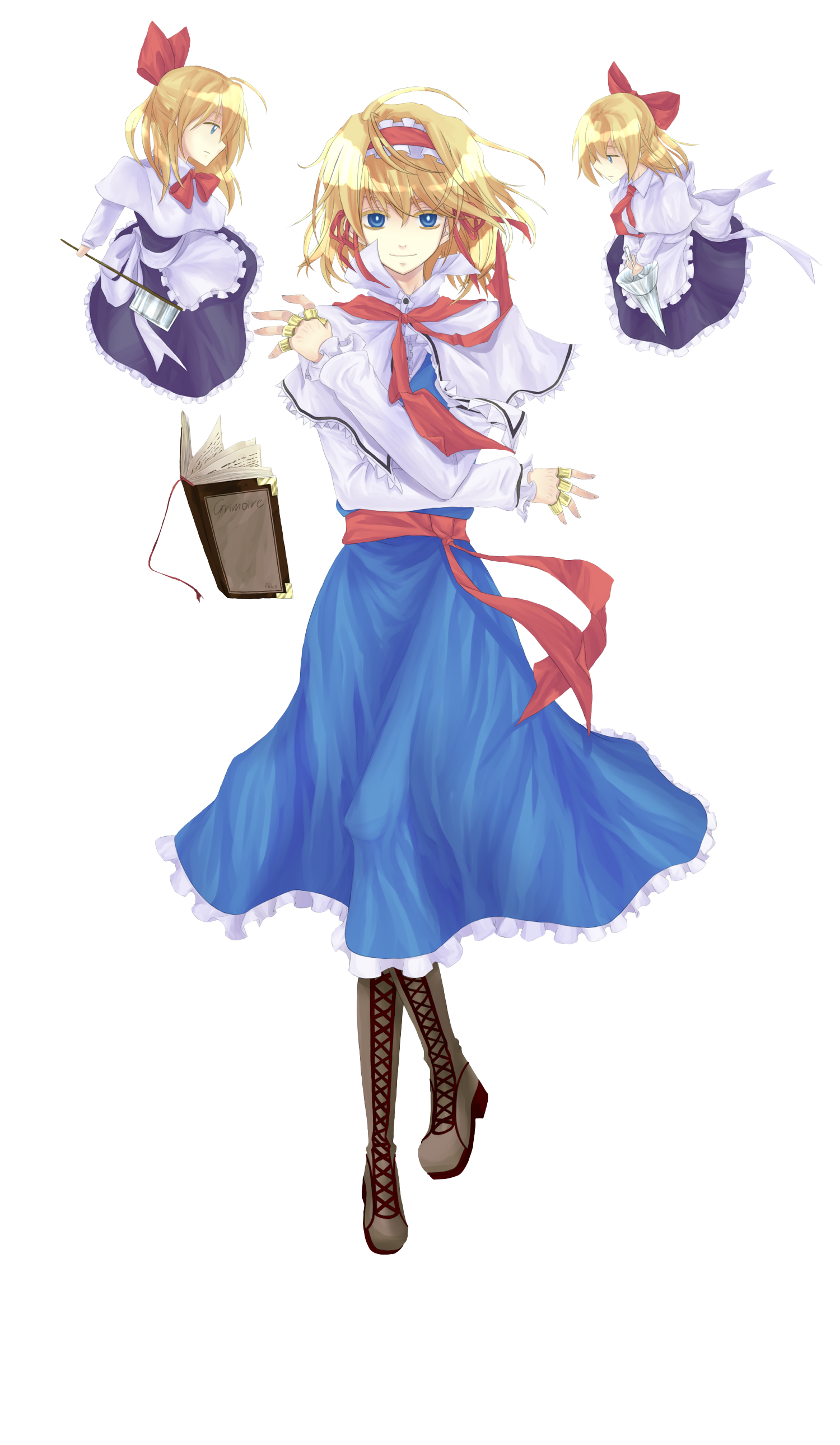pclbang, alice margatroid, shanghai doll, touhou, absurdres, bad id, bad pixiv id, highres, 3girls, doll, female focus, full body, hairband, multiple girls, short hair, solo, transparent background