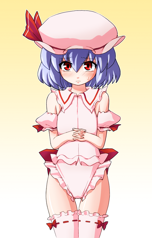 akase rai, remilia scarlet, touhou, 1girl, adapted costume, blue hair, blush, detached sleeves, female focus, frills, gradient background, hat, leotard, own hands clasped, own hands together, red eyes, short hair, solo, thighhighs, white background