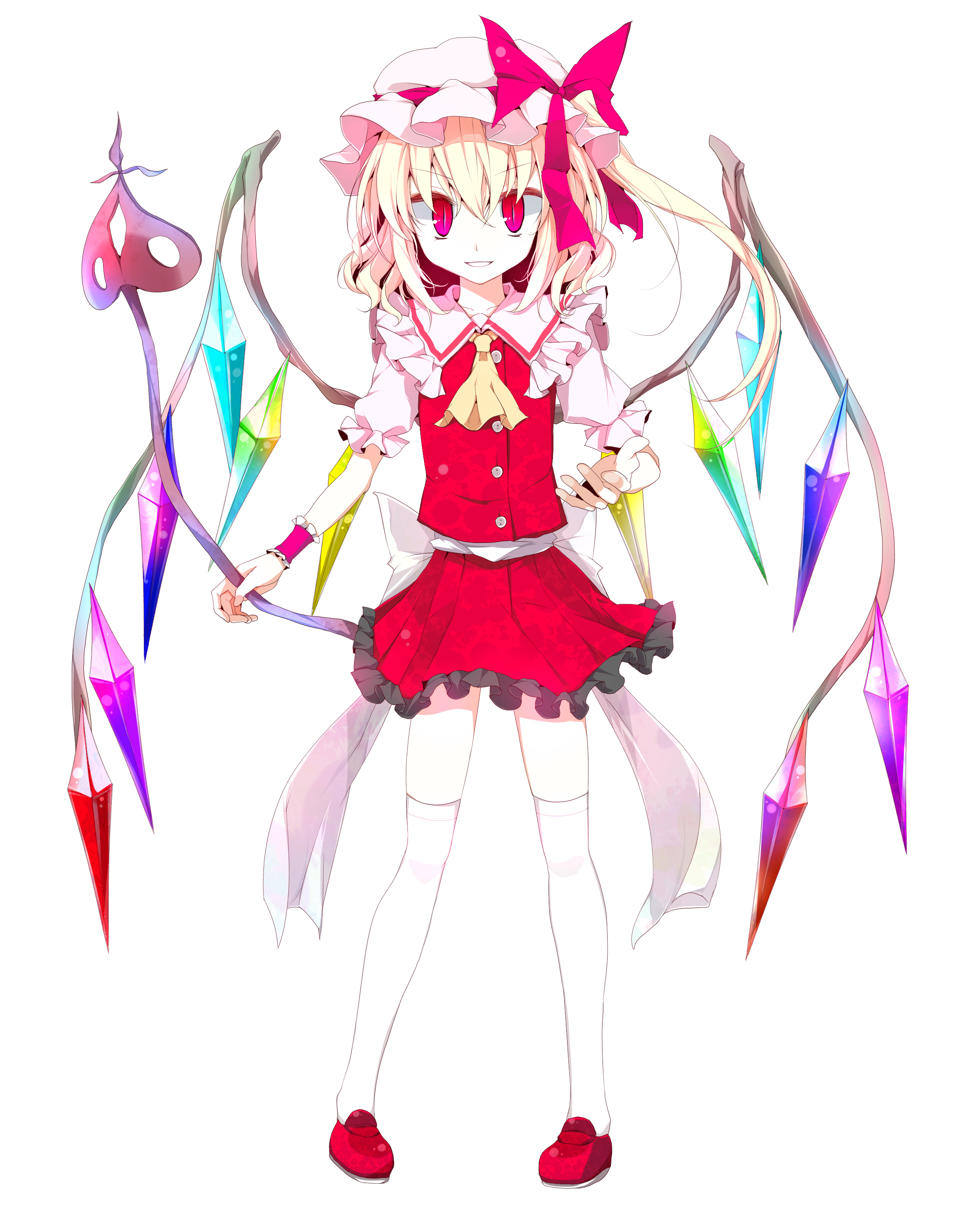 oouso, flandre scarlet, embodiment of scarlet devil, touhou, absurdres, bad id, bad pixiv id, highres, 1girl, blonde hair, female focus, full body, hat, ponytail, red eyes, short hair, side ponytail, slit pupils, solo, thighhighs, transparent background, wings