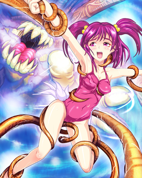 drachenriese, yumehara nozomi, precure, yes! precure 5, 00s, 1girl, armpits, blush, breasts, female focus, imminent rape, legs, medium breasts, monster, one-piece swimsuit, purple eyes, rape, restrained, solo, swimsuit, teeth, tentacles, tentacles under clothes, twintails, two side up
