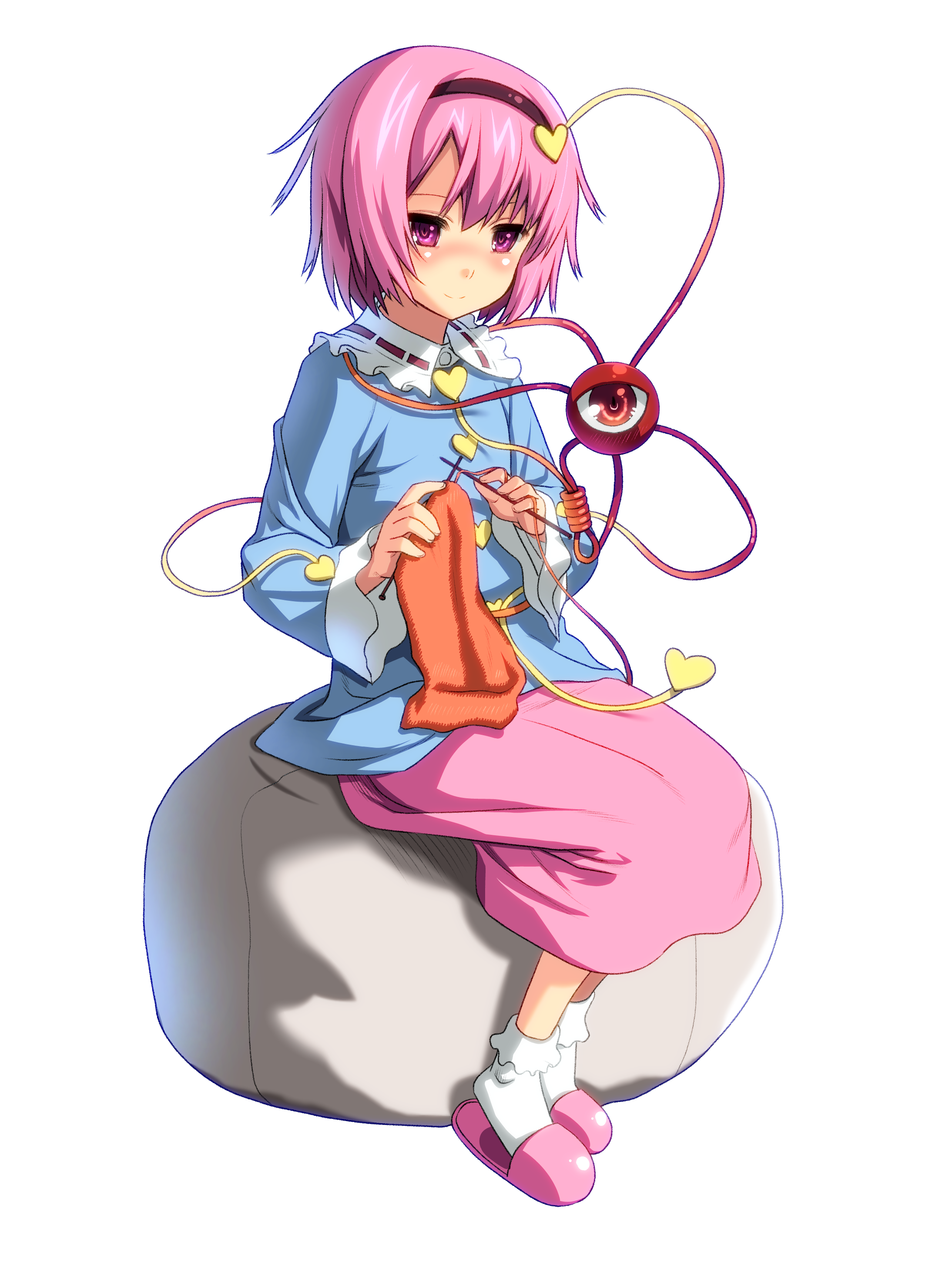 okina ika, komeiji satori, touhou, absurdres, bad id, bad pixiv id, highres, 1girl, bobby socks, female focus, full body, hairband, heart, knitting, pink hair, purple eyes, purple hair, short hair, sitting, slippers, smile, socks, solo, transparent background