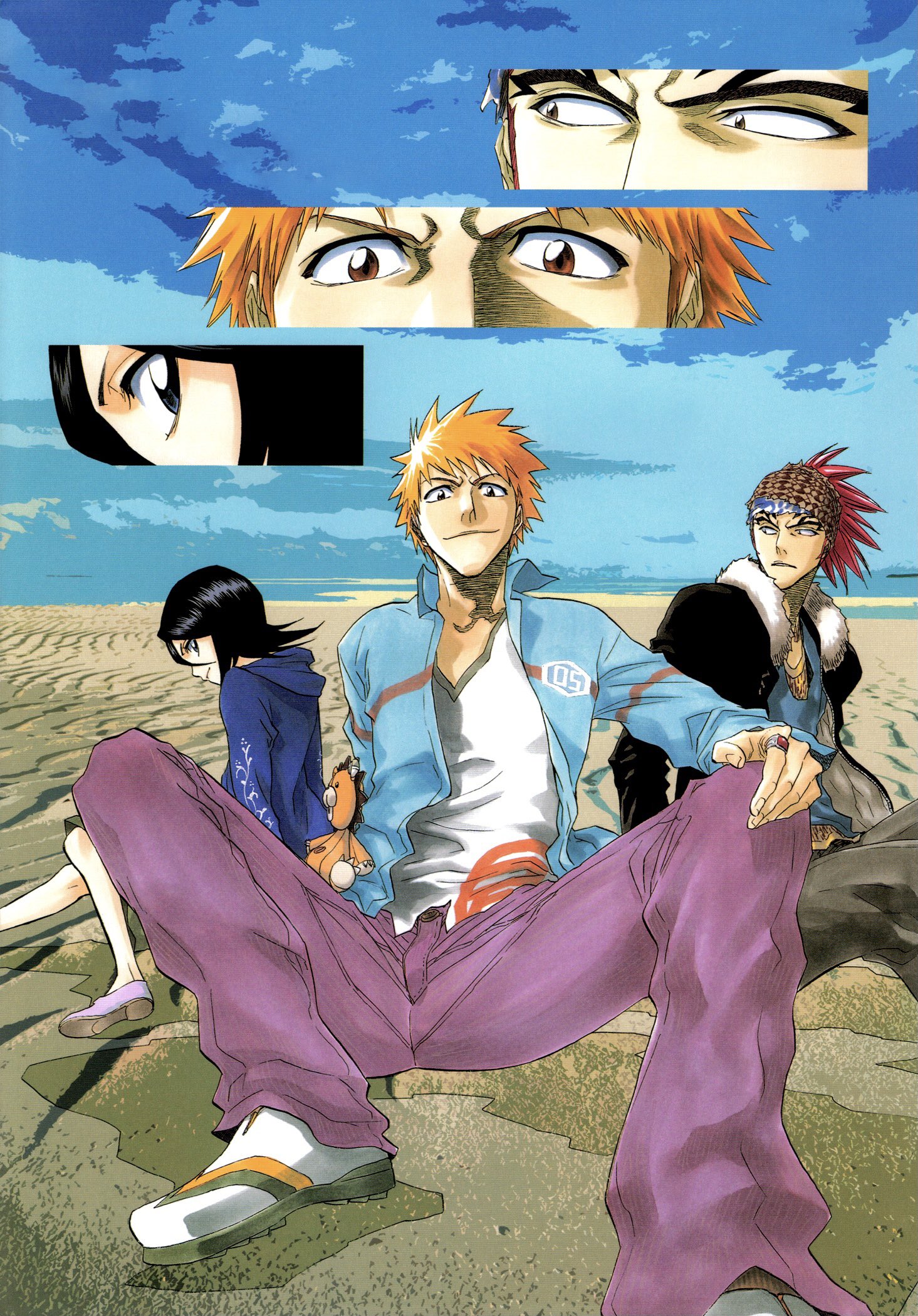 kubo tite, abarai renji, kon (bleach), kuchiki rukia, kurosaki ichigo, bleach, official art, second-party source, 1girl, 2boys, black hair, breasts, brown eyes, closed mouth, collarbone, fur trim, headband, jacket, looking at viewer, medium hair, multiple boys, orange hair, pants, ponytail, red hair, sand, shirt, shoes, short hair, sitting, sky, small breasts, smile, spiked hair, stuffed animal, stuffed lion, stuffed toy