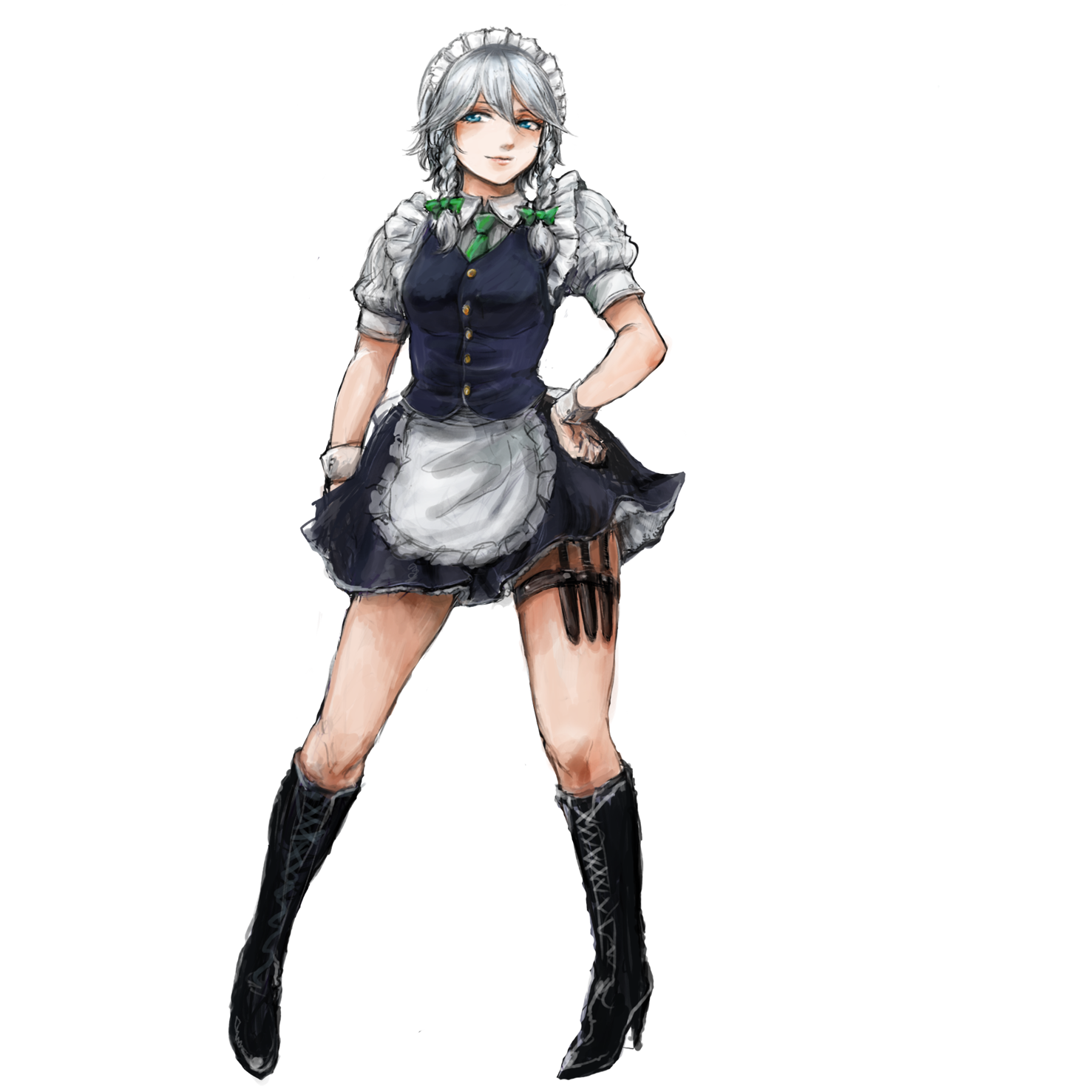 osakana (denpa yun'yun), izayoi sakuya, touhou, silver hair, bad id, bad pixiv id, highres, 1girl, braid, female focus, full body, short hair, solo, thigh strap, transparent background, twin braids