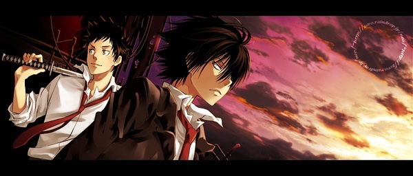 hibari kyouya, yamamoto takeshi, katekyo hitman reborn!, 2boys, 8018, black hair, cloud, male focus, mountain, multiple boys, necktie, school uniform, sky, sunset, sword, weapon