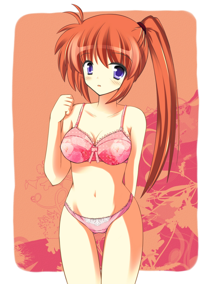mellow, takamachi nanoha, lyrical nanoha, mahou shoujo lyrical nanoha, mahou shoujo lyrical nanoha strikers, 00s, 1girl, blue eyes, bra, female focus, lingerie, long hair, panties, purple eyes, red hair, side ponytail, solo, underwear, underwear only