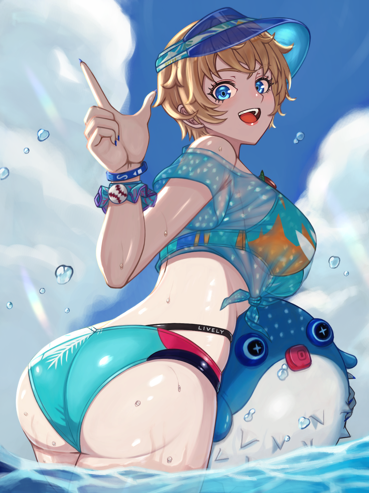 arai motoha, persona, persona 5, persona 5: the phantom x, commentary request, highres, 1girl, :d, ass, ball, bare shoulders, beachball, bikini, blue eyes, blue nails, blue sky, breasts, brown hair, cloud, cowboy shot, day, green bikini, green shirt, hair between eyes, holding, holding ball, holding beachball, index finger raised, large breasts, layered bikini, looking at viewer, looking back, maruko33517863, multi-strapped bikini bottom, ocean, official alternate costume, open mouth, outdoors, see-through clothes, see-through shirt, shirt, short hair, sidelocks, sky, smile, solo, standing, stomach, swimsuit, teeth, tied shirt, visor cap, wading, water drop, wet, wet clothes, wet shirt, wristband