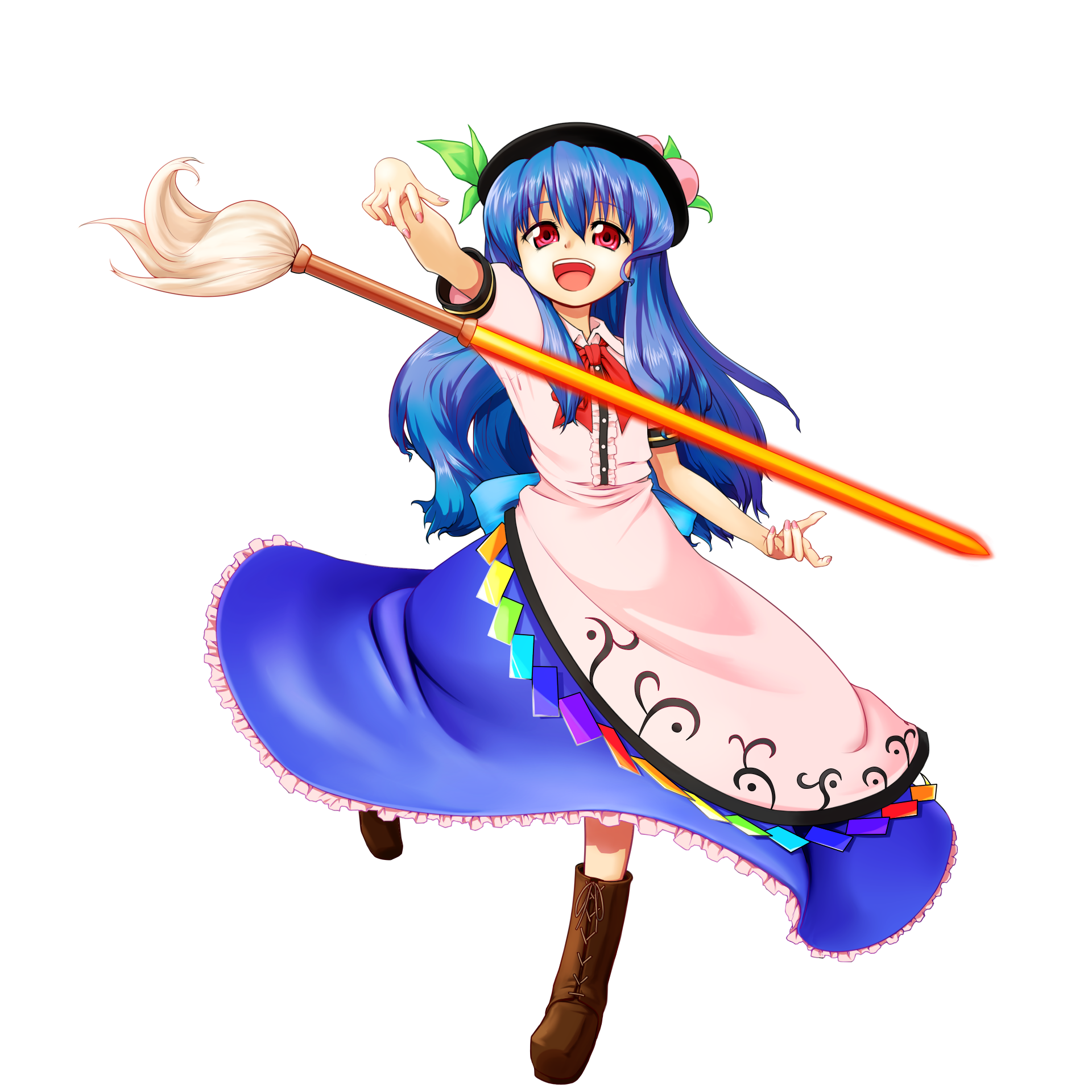 nanatsu (chatge), hinanawi tenshi, touhou, highres, 1girl, blue hair, female focus, food, fruit, full body, hat, leaf, long hair, peach, red eyes, solo, sword, sword of hisou, transparent background, weapon