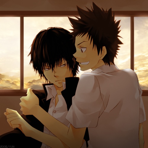 hibari kyouya, yamamoto takeshi, katekyo hitman reborn!, lowres, 2boys, 8018, black hair, black jacket, cloud, frown, jacket, male focus, multiple boys, school, school uniform, shirt, smile, t-shirt, white shirt, window, yaoi
