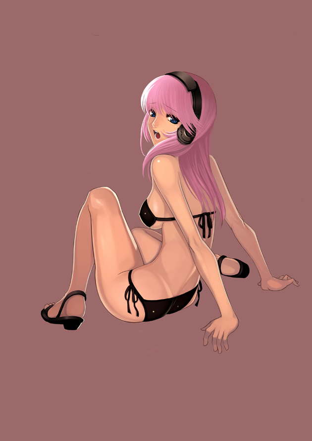 paku, megurine luka, vocaloid, bad id, 1girl, arm support, back, bikini, breasts, female focus, full body, headphones, legs, long hair, looking back, pink hair, sandals, side-tie bikini bottom, simple background, sitting, solo, swimsuit