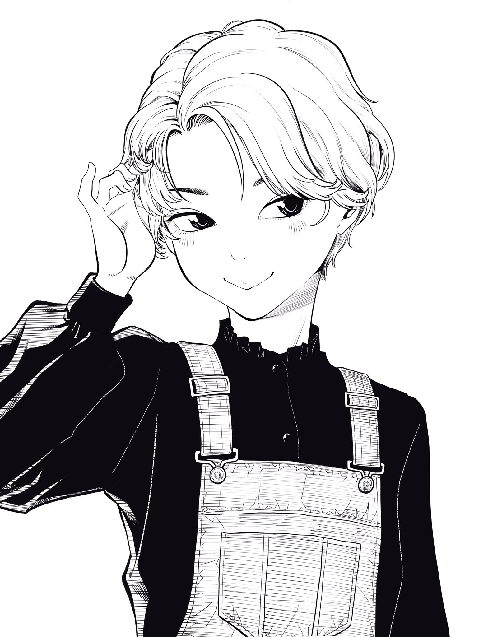 lee (dragon garou), original, commentary request, highres, 1girl, androgynous, eyebrows hidden by hair, hand in own hair, hatching (texture), light blush, long sleeves, monochrome, overalls, puffy long sleeves, puffy sleeves, short hair, smile, solo, turtleneck, upper body