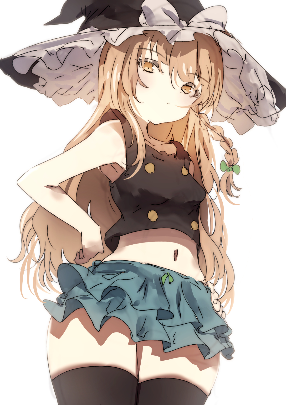 natsume suzuri, kirisame marisa, touhou, commentary request, highres, 1girl, alternate costume, bare arms, black thighhighs, blonde hair, blue skirt, bow, braid, breasts, collarbone, cowboy shot, crop top, frilled skirt, frills, green bow, hair bow, hand on own hip, hat, hat bow, long hair, looking at viewer, midriff, navel, shirt, side braid, simple background, single braid, skirt, sleeveless, sleeveless shirt, small breasts, solo, thighhighs, thighs, white background, white bow, witch hat, yellow eyes