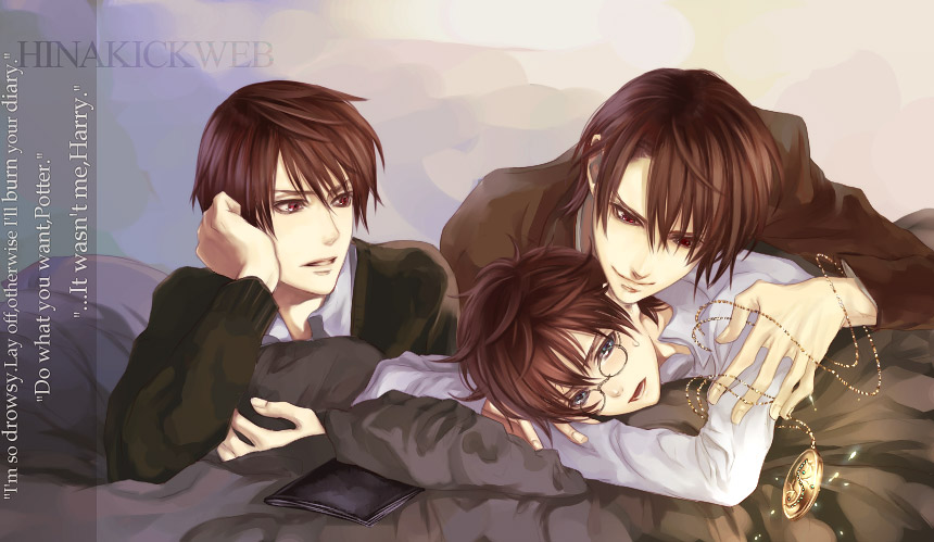 furayu (flayu), numeri (pixiv), harry potter, tom marvolo riddle, harry potter (series), wizarding world, 3boys, age difference, bed, bed sheet, book, brown hair, dual persona, english text, formal clothes, glasses, green eyes, jewelry, locket, lying, male focus, medal, medallion, multiple boys, multiple persona, necklace, open mouth, pendant, pillow, red eyes, school uniform, shirt, short hair, suit, sweat, white shirt, wizard, yaoi