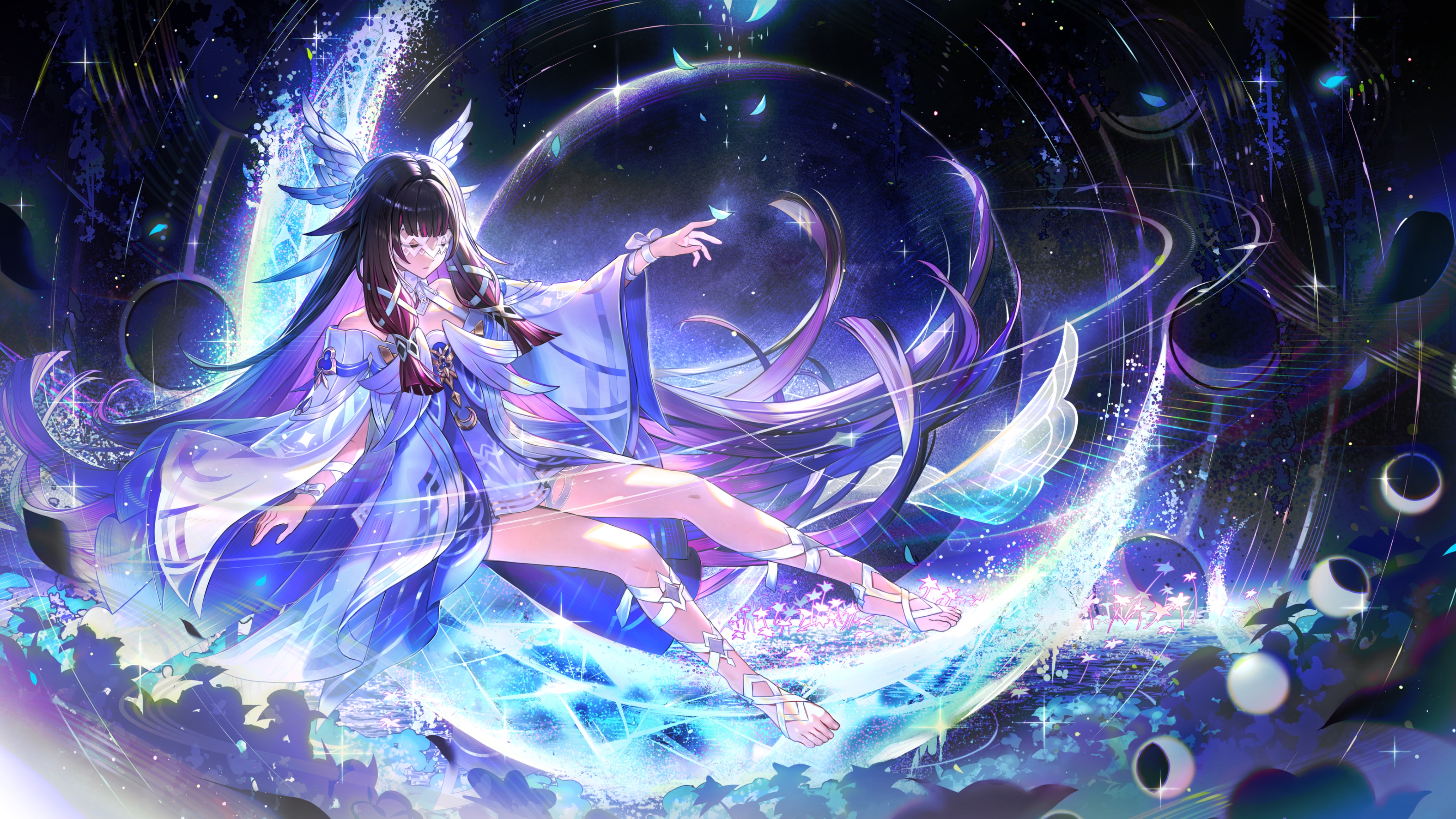 tsugutoku, columbina (genshin impact), genshin impact, absurdres, commentary request, highres, 1girl, bare shoulders, barefoot, black hair, bow, bowtie, closed eyes, closed mouth, dress, full body, hair ornament, hand up, latin commentary, long hair, long sidelocks, multicolored hair, off shoulder, purple hair, sidelocks, sitting, solo, very long hair, white bow, white bowtie, white dress, wing hair ornament