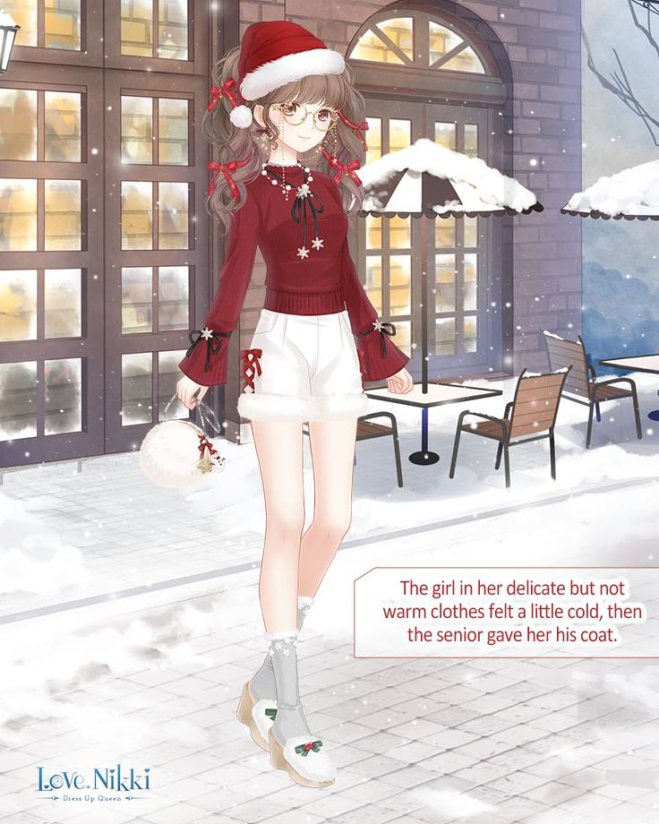 miracle nikki, nikki (series), artist request, official art, third-party source, ankle socks, bag, bare tree, bead necklace, beads, black ribbon, blunt bangs, bow, bow earrings, brown eyes, brown hair, building, chair, christmas, closed mouth, cloud, cloudy sky, copyright logo, cross-laced clothes, cross-laced shorts, door, dot nose, earrings, english text, eyelashes, footwear bow, fur-trimmed headwear, fur-trimmed shorts, fur-trimmed socks, fur trim, glasses, green bow, grey socks, hair bow, handbag, happy, hat, hexagram, holding, holding bag, jewelry, light blush, logo, long hair, long sleeves, looking at viewer, multiple hair bows, neck ribbon, necklace, outdoors, pocket, pom pom (clothes), red bow, red hat, red shirt, ribbon, round eyewear, santa hat, shirt, shorts, sidewalk, sky, sleeve ribbon, sleeves past wrists, slippers, smile, snow, snowing, socks, star (symbol), star necklace, striped bow, sweet winter night (miracle nikki), table, tareme, tree, twintails, umbrella, wavy hair, white bag, white shorts, white slippers, window, winter, yellow-framed eyewear