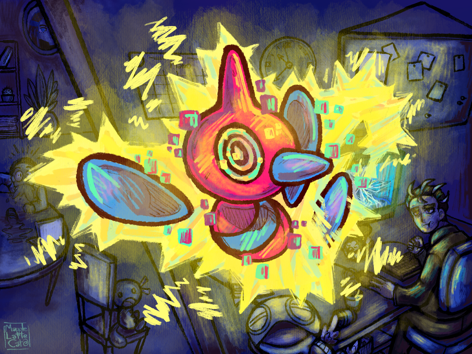 dudunsparce, larry (pokemon), paldean wooper, porygon-z, nintendo, pokemon, commentary, english commentary, highres, 2boys, :t, analog clock, bulletin board, cactus, chair, cinnawas, clock, closed mouth, computer, cup, desk, eating, electricity, food, gen 4 pokemon, glitch, holding, holding food, indoors, long sleeves, monitor, mug, multiple boys, open mouth, picture frame, plant, pokemon (creature), potted plant, ringed eyes, shelf, short hair, sitting, spill, spit take, spitting, table, wall clock