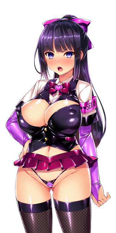 satou kuuki, kisaragi nozomi, shinsou seiki elementia, game cg, large variant set, non-web source, official art, variant set, 1girl, adapted uniform, armband, black hair, black thighhighs, blush, bow, bowtie, breasts, bridal gauntlets, cleavage, cleavage cutout, clothing cutout, covered erect nipples, elbow gloves, fishnet thighhighs, fishnets, g-string, gloves, gluteal fold, hair bow, hand on own hip, heart, high ponytail, highleg, highleg panties, large breasts, long hair, looking at viewer, micro panties, microskirt, navel, open mouth, panties, pleated skirt, ponytail, purple eyes, purple hair, shiny skin, skirt, solo, standing, string panties, thighhighs, thong, transparent background, underwear