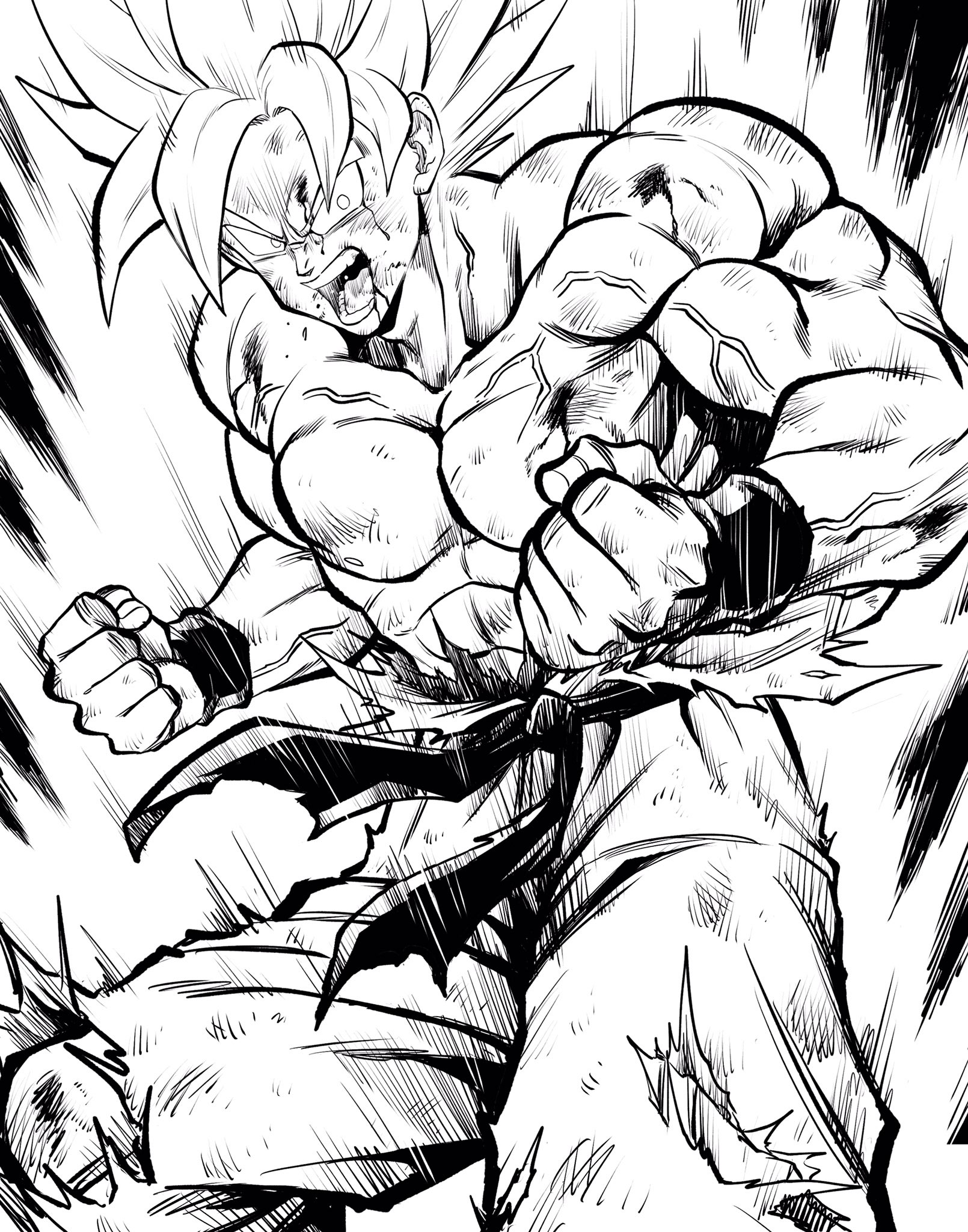 lee (dragon garou), son goku, dragon ball, dragonball z, commentary request, highres, 1boy, abs, aura, blood, blood from mouth, bloody tears, clenched hands, hatching (texture), male focus, muscular, muscular male, official style, pants, pectorals, serious, solo, super saiyan, super saiyan 1, topless male, toriyama akira (style), torn clothes, torn pants, v-shaped eyebrows, veins, wristband