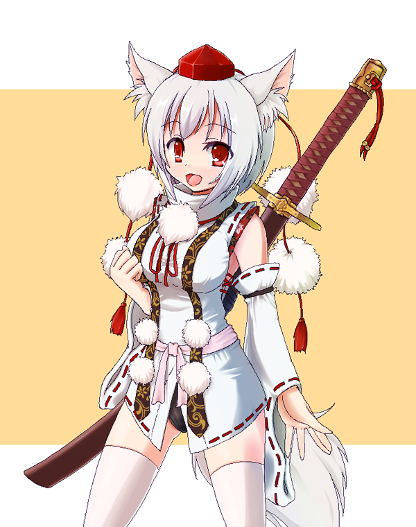lilac (artist), lilac (p-f easy), inubashiri momiji, touhou, bad id, bad pixiv id, duplicate, 1girl, alternate costume, animal ears, detached sleeves, female focus, hat, red eyes, short hair, solo, sword, tail, tokin hat, weapon, white hair, wolf ears, wolf tail