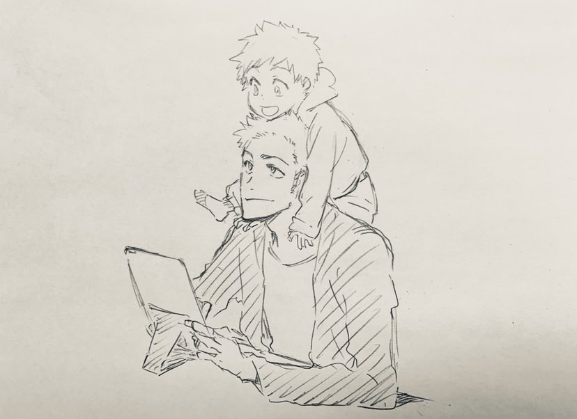 kubo tite, kurosaki ichigo, kurosaki kazui, bleach, bleach: epilogue, official art, 2020, 2boys, barefoot, closed mouth, father and son, happy, holding, hood, hoodie, jacket, multiple boys, open mouth, shirt, short hair, simple background, sketch, upper body