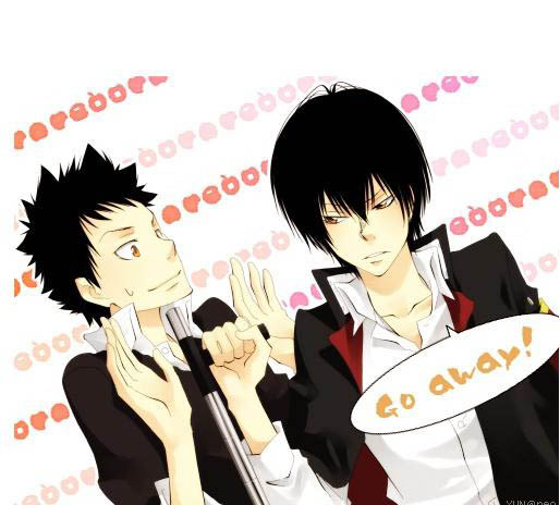 hibari kyouya, yamamoto takeshi, katekyo hitman reborn!, 2boys, 8018, black hair, black jacket, brown eyes, english text, frown, jacket, male focus, multiple boys, school uniform, shirt, sweatdrop, text focus, threaten, weapon, white shirt, yun@neo