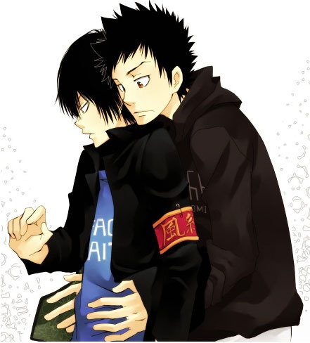 yamamoto takeshi, katekyo hitman reborn!, lowres, 8018, black hair, hug, male focus, school uniform