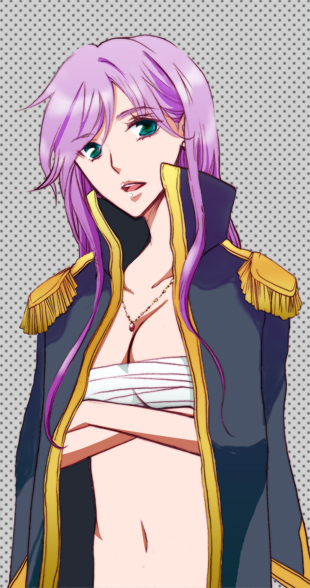 hikky-meg, faris scherwiz, final fantasy, final fantasy v, 1990s (style), 1girl, androgynous, breast bind, breasts, cleavage, coat, female focus, green eyes, jacket, jacket on shoulders, jewelry, long hair, necklace, open clothes, open coat, open mouth, pirate, purple hair, reverse trap, sarashi, solo