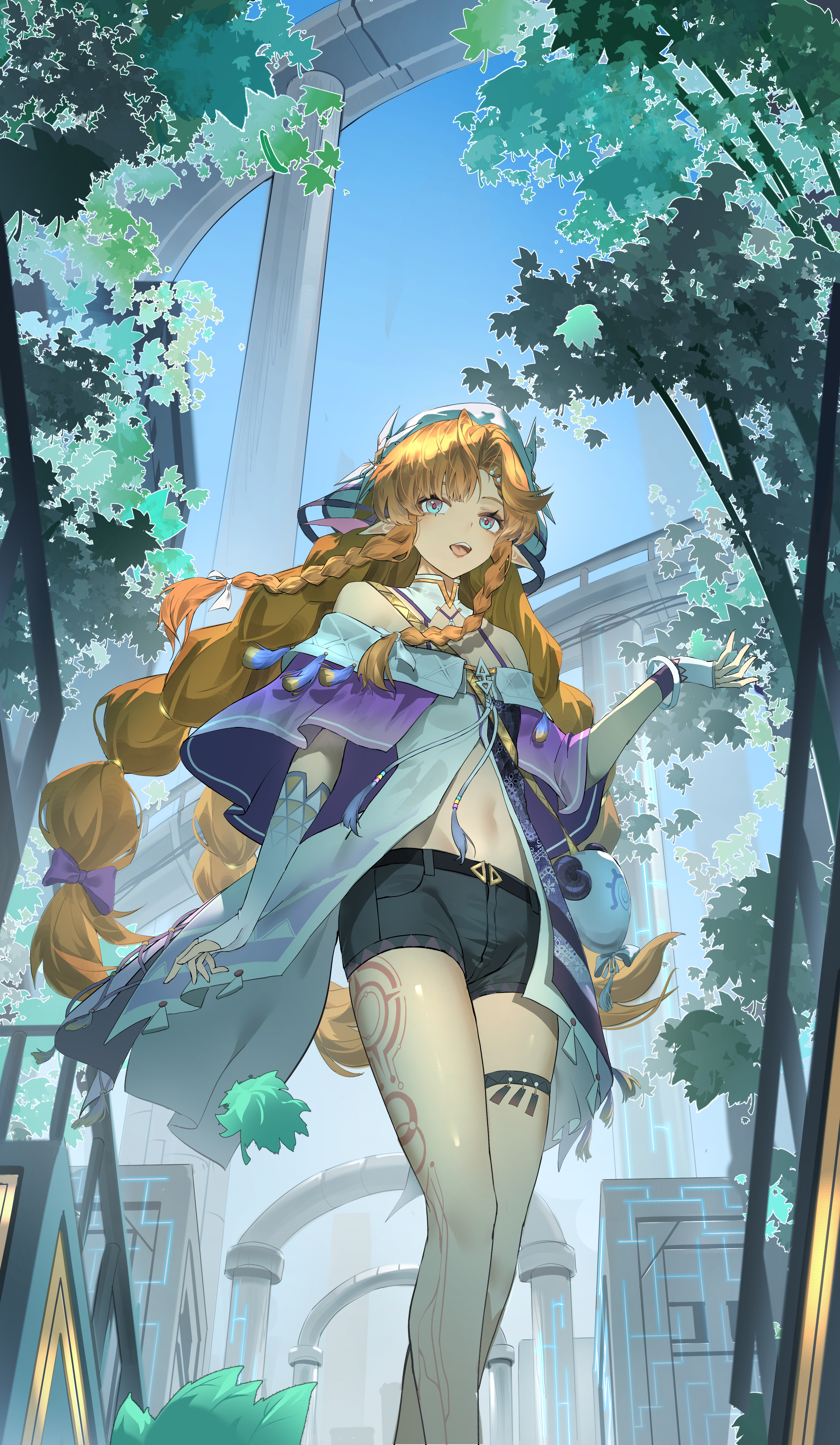 sigrika (wuthering waves), wuthering waves, absurdres, commentary request, highres, 1girl, asymmetrical gloves, bare shoulders, black shorts, blue sky, body markings, breasts, day, feet out of frame, fingerless gloves, gloves, hand up, headdress, jacket, long hair, multicolored jacket, navel, off-shoulder jacket, off shoulder, open mouth, orange hair, outdoors, pointy ears, purple jacket, shorts, sky, small breasts, smile, solo, stomach, two-tone jacket, uneven gloves, white gloves, white jacket, xiaotu wei yin lang ilah