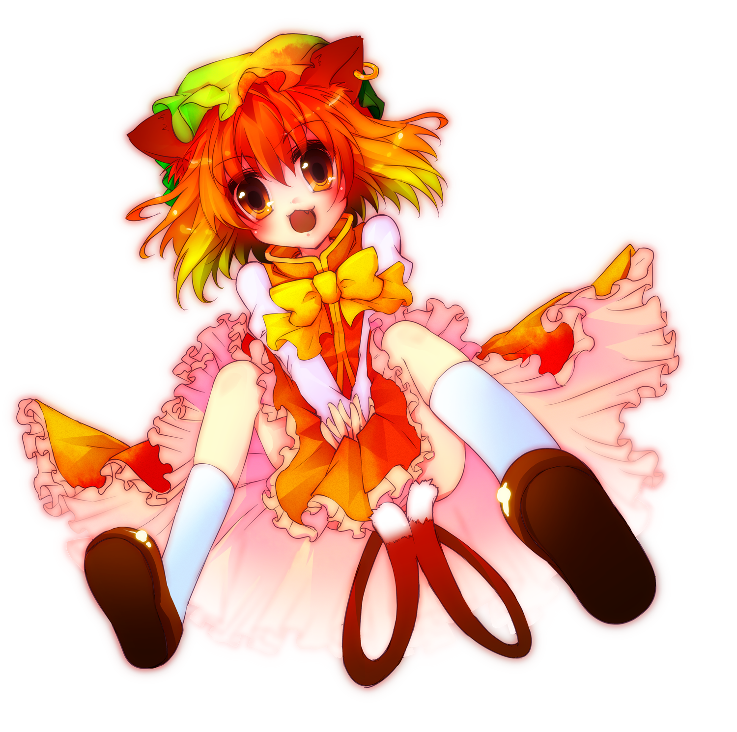 natsuki yuu (amemizu), natsukiyuu, chen, touhou, bad id, bad pixiv id, highres, 1girl, animal ears, bow, bowtie, brown eyes, brown hair, cat ears, cat girl, cat tail, earrings, fang, female focus, full body, hat, jewelry, multiple tails, solo, tail, transparent background