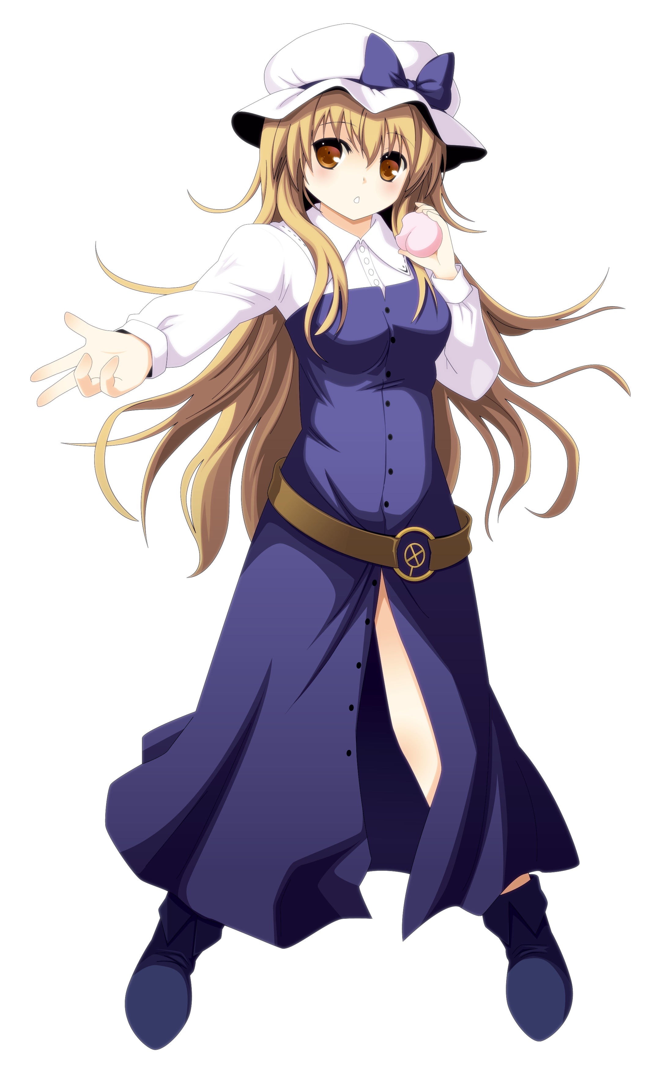 cpu (hexivision), watatsuki no toyohime, silent sinner in blue, touhou, touhou bougetsushou, absurdres, bad id, bad pixiv id, highres, 1girl, blonde hair, female focus, food, fruit, full body, hat, peach, solo, standing, transparent background, yellow eyes