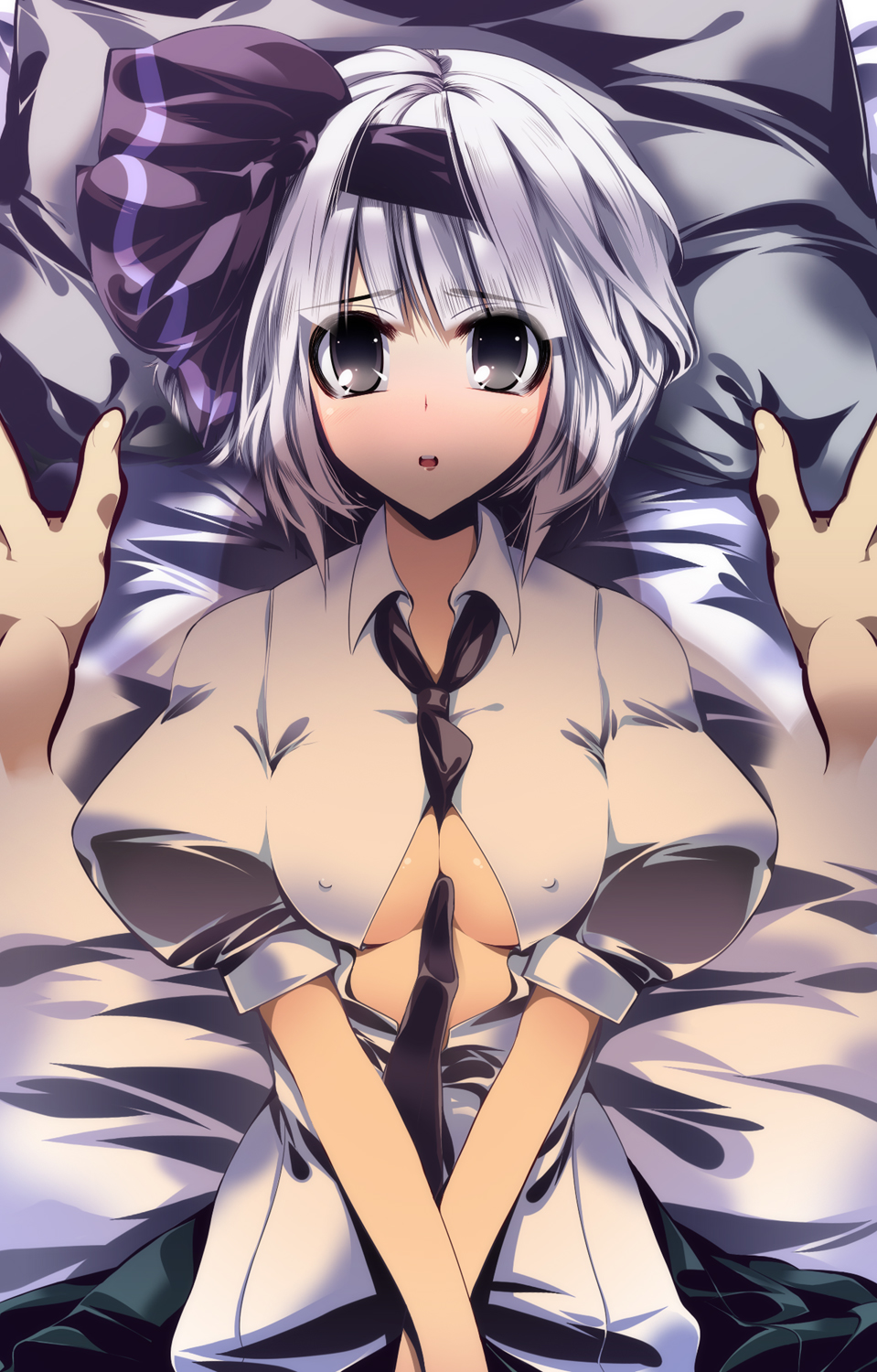 dragonmaterial, konpaku youmu, touhou, silver hair, highres, 1girl, between breasts, breasts, covered erect nipples, female focus, grey eyes, large breasts, looking at viewer, necktie, nipples, short hair, solo