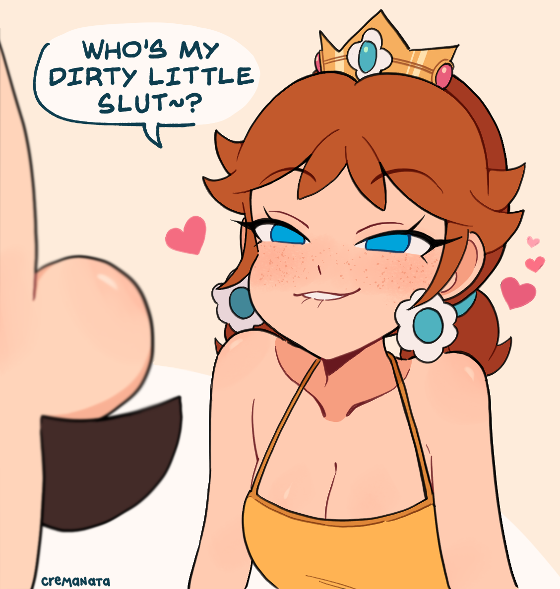cremanata, luigi, princess daisy, mario (series), nintendo, commentary, english commentary, 1girl, bare shoulders, biting own lip, blue eyes, breasts, brown hair, cleavage, crown, earrings, english text, facial hair, flower earrings, freckles, heart, jewelry, medium hair, mustache, naughty face, orange shirt, seductive smile, shirt, simple background, smile, speech bubble